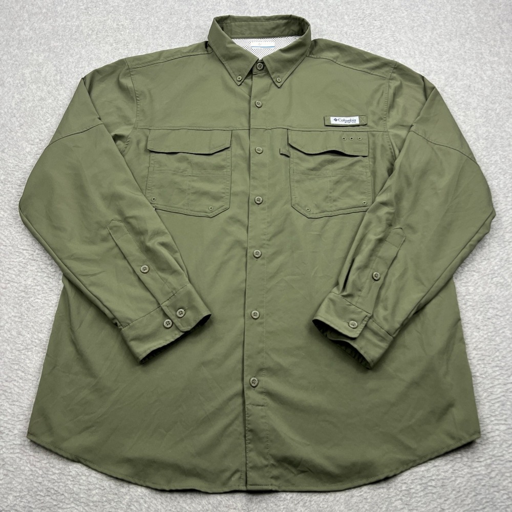 Columbia PFG Blood and Guts III Shirt Mens Large Green Long Sleeve Fish FM7046